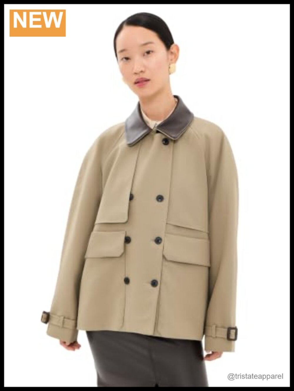 Cotton Double-Breasted Short Coat with Leather Collar